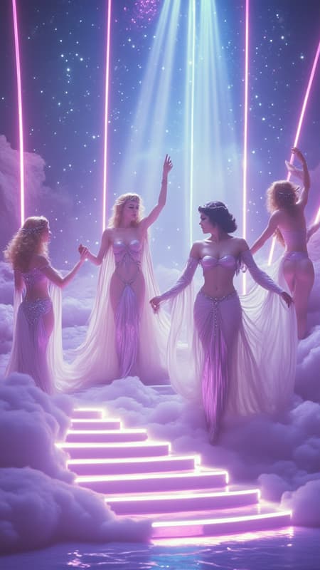 Xanadu. Mythology meets modern times. Light, wind, neon, beautiful muses. High up in the clouds, sunlight filters through them. Brightly lit pillars of neon in various colors extend upwards to the sky. There are stairlike landings within the clouds, and all 9 of the beautiful muses from Xanadu are dancing on them in different poses. They all wear silky silvery-white tiered skirtlike frocks that billow freely in the wind. There is sparkly magic within the clouds because they are there. They ascend, leaving trails of light. A bright neon dance club within the clouds, as they celebrate.
Xanadu. Mythology meets modern times. Light, wind, neon, beautiful muses. High up in the clouds, sunlight filters through them. Brightly lit pillars of neon in various colors extend upwards to the sky. There are stairlike landings within the clouds, and all 9 of the beautiful muses from Xanadu are dancing on them in different poses. They all wear silky silvery-white tiered skirtlike frocks that billow freely in the wind. There is sparkly magic within the clouds because they are there. They ascend, leaving trails of light. A bright neon dance club within the clouds, as they celebrate.