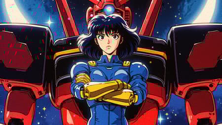 A stunning anime-style illustration of a young woman with short, dark blue hair, wearing a form-fitting futuristic blue suit with yellow mechanical exoskeleton arms, standing confidently with her hands crossed. Behind her looms a massive red and black mecha with glowing blue eyes, designed in the style of classic Gundam, set against a cosmic space background with twinkling stars and two crescent moons. The art features bold outlines, vibrant cel-shading, high contrast, and a dynamic 80s/90s mecha anime aesthetic. Highly detailed, cinematic lighting, dramatic composition, anime LoRA applied.