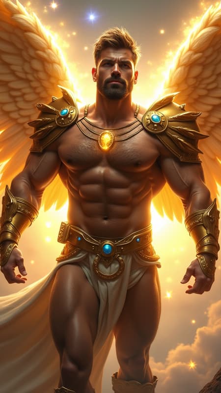 ARCHANGEL, celestial, galaxy protector, universal warrior Angel. Hypermasculine Caucasian male. Tall, muscular, sinewy, broad shoulders, broad chest, wide back, narrow waist, strong muscular legs, thick hairy forearms. Bodybuilder physique. Extremely hirsute hairy chest, abs, arms, thighs, legs {{{hirsute hairy chest and abs}}}. Dark brown hair, short length wavy fade style, cut close on sides with tousled curls on top {{{short hair}}}. Metallic golden circlet headband  around head/brow. Strong brow, squared jaw, thick brows, handsome, masculine, rugged good looks. Clean shaven, beardless face. {{Electric blue eyes}} glowing and bright. Metallic gold pauldrons with sapphire gems on both shoulders, metallic gold bracers with sapphire accents on his hairy arms. Metallic gold harness across his hirsute hairy chest; gold ring in the middle, metallic straps on both sides of shoulders, the other two under each Pectoral. An ornate gold belt with sapphire gems around his waist. Metallic gold jockstrap, full and girthy. Metallic gold boots, up to mid calf. Enormous gold Angel wings, spread open and flying. He shines with a golden aura of light, bright as the sun. Full body pose, flying through space towards Heaven. 