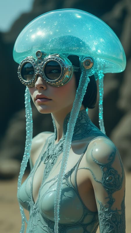 Ethereal cyborg woman, bioluminescent jellyfish headdress. Steampunk goggles blend with translucent tentacles. Cracked porcelain skin meets iridescent scales. Mechanical implants and delicate tendrils intertwine. Human features with otherworldly glow. Dreamy aquatic hues contrast weathered metal. Reflective eyes capture unseen worlds. Soft bioluminescence meets harsh desert backdrop. Fusion of organic and synthetic, ancient and futuristic. Hyper-detailed textures, surreal atmosphere.