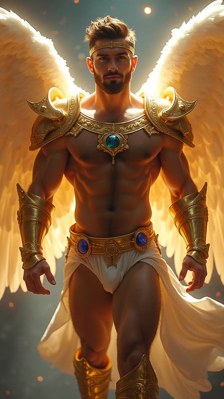 ARCHANGEL, celestial, galaxy protector, universal warrior Angel. Hypermasculine Caucasian male. Tall, muscular, sinewy, broad shoulders, broad chest, wide back, narrow waist, strong muscular legs, thick hairy forearms. Bodybuilder physique. Extremely hirsute hairy chest, abs, arms, thighs, legs {{{hirsute hairy chest and abs}}}. Dark brown hair, short length wavy fade style, cut close on sides with tousled curls on top {{{short hair}}}. Metallic golden circlet headband  around head/brow. Strong brow, squared jaw, thick brows, handsome, masculine, rugged good looks. Clean shaven, beardless face. {{Electric blue eyes}} glowing and bright. Metallic gold pauldrons with sapphire gems on both shoulders, metallic gold bracers with sapphire accents on his hairy arms. Metallic gold harness across his hirsute hairy chest; gold ring in the middle, metallic straps on both sides of shoulders, the other two under each Pectoral. An ornate gold belt with sapphire gems around his waist. Metallic gold jockstrap, full and girthy. Metallic gold boots, up to mid calf. Enormous gold Angel wings, spread open and flying. He shines with a golden aura of light, bright as the sun. Full body pose, flying through space towards Heaven. 