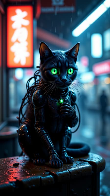 Masterpiece, 4k, 8k, high quality, highly detailed, concept art, A cyberneticly enhanced cat, glowing neon green eyes, cables on back, robotics, one paw is metalic, looking at viewer, sitting on a bar of a noodle shop, grooming itself, cyberpunk setting, raining, neon lights,