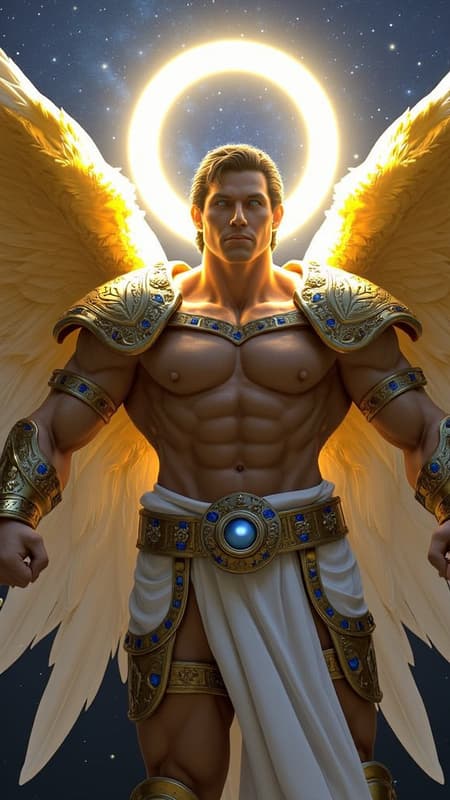 ARCHANGEL, divine celestial guardian of galaxies, ethereal universal warrior. Hypermasculine Caucasian male, heroic proportions, 8 heads tall. Greek god physique: sharply defined musculature, broad trapezius muscles, expansive chest, dramatic V-taper to narrow waist, powerful quadriceps. Classical bodybuilder aesthetic with prominent muscle striations. Dense, masculine body hair pattern across chest, abs, arms, and legs, creating organic textural contrast {{{pronounced hirsute definition}}}. Rich dark brown hair styled in modern wavy fade, precision-cut sides transitioning to volumized curls atop {{{textured short hair}}}. Ornate aureate circlet with celestial engravings adorning noble brow. Chiseled facial features: strong orbital ridge, defined cheekbones, square Germanic jaw, thick expressive brows. Clean-shaven visage radiating masculine beauty. {{Luminous electric blue eyes}} emanating divine light, crystalline intensity. Baroque golden pauldrons inlaid with lustrous deep blue sapphires, matching ornamental bracers with azure gemwork adorning muscular forearms. Intricate golden harness crossing hirsute torso, centered medallion, geometric strap work framing musculature. Ceremonial golden belt with sapphire cabochons. Metallic gold athletic supporter accentuating godly form. Mid-calf golden greaves with detailed filigree. Massive auric wings, 20-foot span, individual feathers catching starlight. Radiating golden aureole, corona-bright nimbus suffusing form. Dynamic ascending pose, soaring through star-studded cosmic void toward celestial realm. Dramatic rim lighting, chiaroscuro modeling, volumetric god rays. Cinematic wide-angle perspective, extreme low angle view. Photorealistic rendering, high detail, octane render, volumetric lighting, subsurface scattering, 8K resolution. ARCHANGEL, divine celestial guardian of galaxies, ethereal universal warrior. Hypermasculine Caucasian male, heroic proportions, 8 heads tall. Greek god physique: sharply defined musculature, broad trapezius muscles, expansive chest, dramatic V-taper to narrow waist, powerful quadriceps. Classical bodybuilder aesthetic with prominent muscle striations. Dense, masculine body hair pattern across chest, abs, arms, and legs, creating organic textural contrast {{{pronounced hirsute definition}}}. Rich dark brown hair styled in modern wavy fade, precision-cut sides transitioning to volumized curls atop {{{textured short hair}}}. Ornate aureate circlet with celestial engravings adorning noble brow. Chiseled facial features: strong orbital ridge, defined cheekbones, square Germanic jaw, thick expressive brows. Clean-shaven visage radiating masculine beauty. {{Luminous electric blue eyes}} emanating divine light, crystalline intensity. Baroque golden pauldrons inlaid with lustrous deep blue sapphires, matching ornamental bracers with azure gemwork adorning muscular forearms. Intricate golden harness crossing hirsute torso, centered medallion, geometric strap work framing musculature. Ceremonial golden belt with sapphire cabochons. Metallic gold athletic supporter accentuating godly form. Mid-calf golden greaves with detailed filigree. Massive auric wings, 20-foot span, individual feathers catching starlight. Radiating golden aureole, corona-bright nimbus suffusing form. Dynamic ascending pose, soaring through star-studded cosmic void toward celestial realm. Dramatic rim lighting, chiaroscuro modeling, volumetric god rays. Cinematic wide-angle perspective, extreme low angle view. Photorealistic rendering, high detail, octane render, volumetric lighting, subsurface scattering, 8K resolution.