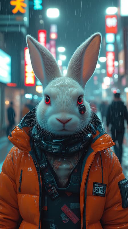 An adult white rabbit stands in a cyberpunk city, in the rain. Hes wearing a cyberpunk style jacket. The rabbit has an augmentation on his right eye and a lot of scars. Kierpunk implants are visible on the rabbit. A masterpiece, maximum detail, cinematography