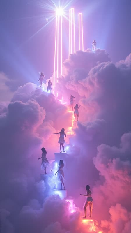 Xanadu. Mythology meets modern times. Light, wind, neon, beautiful muses. High up in the clouds, sunlight filters through them. Brightly lit pillars of neon in various colors extend upwards to the sky. There are stairlike landings within the clouds, and all 9 of the beautiful muses from Xanadu are dancing on them in different poses. They all wear silky silvery-white tiered skirtlike frocks that billow freely in the wind. There is sparkly magic within the clouds because they are there. They ascend, leaving trails of light. A bright neon dance club within the clouds, as they celebrate. 
      