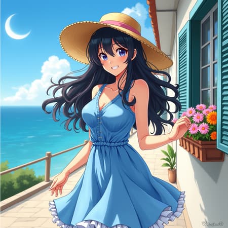 An 25 year old anime woman in a blue dress and straw hat, with long black hair and flowing curly bangs, in the style of anime, against a background of a coastal street by the sea, on a bright sunny day, with flowers on a windowsill, with a cheerful expression, with detailed design, with a watercolor painting effect, and vibrant colors,