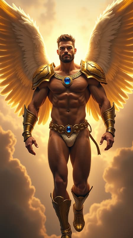 ARCHANGEL, celestial, galaxy protector, universal warrior Angel. Hypermasculine Caucasian male. Tall, muscular, sinewy, broad shoulders, broad chest, wide back, narrow waist, strong muscular legs, thick hairy forearms. Bodybuilder physique. Extremely hirsute hairy chest, abs, arms, thighs, legs {{{hirsute hairy chest and abs}}}. Dark brown hair, short length wavy fade style, cut close on sides with tousled curls on top {{{short hair}}}. Metallic golden circlet headband  around head/brow. Strong brow, squared jaw, thick brows, handsome, masculine, rugged good looks. Clean shaven, beardless face. {{Electric blue eyes}} glowing and bright. Metallic gold pauldrons with sapphire gems on both shoulders, metallic gold bracers with sapphire accents on his hairy arms. Metallic gold harness across his hirsute hairy chest; gold ring in the middle, metallic straps on both sides of shoulders, the other two under each Pectoral. An ornate gold belt with sapphire gems around his waist. Metallic gold jockstrap, full and girthy. Metallic gold boots, up to mid calf. Enormous gold Angel wings, spread open and flying. He shines with a golden aura of light, bright as the sun. Full body pose, flying through space towards Heaven. 