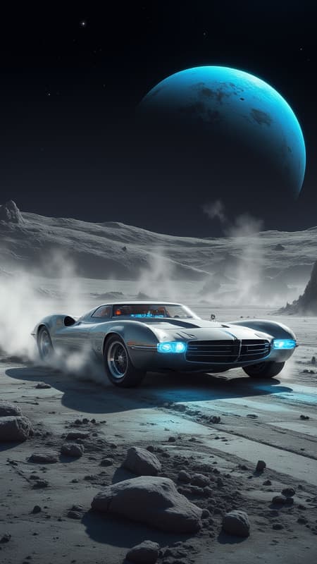 ck-70scf. A sleek, silver sports car with glowing neon blue accents, hurtling across the dusty lunar surface.  The car's tires leave deep tracks in the fine, grey regolith. The Earth hangs large and blue in the distant sky, a stark contrast to the black, cratered landscape.  The car's headlights illuminate the surrounding dust, creating a hazy, ethereal glow. The vehicle's design is aerodynamic and angular, with sharp lines and a low profile.  The scene is captured in a dynamic, action-packed style with a sense of speed and motion.