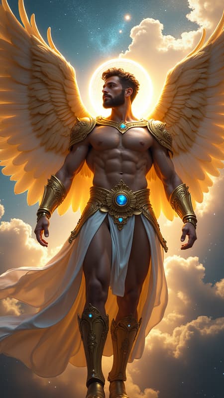 ARCHANGEL, divine celestial guardian of galaxies, ethereal universal warrior. Hypermasculine Caucasian male, heroic proportions, 8 heads tall. Greek god physique: sharply defined musculature, broad trapezius muscles, expansive chest, dramatic V-taper to narrow waist, powerful quadriceps. Classical bodybuilder aesthetic with prominent muscle striations. Dense, masculine body hair pattern across chest, abs, arms, and legs, creating organic textural contrast {{{pronounced hirsute definition}}}. Rich dark brown hair styled in modern wavy fade, precision-cut sides transitioning to volumized curls atop {{{textured short hair}}}. Ornate aureate circlet with celestial engravings adorning noble brow. Chiseled facial features: strong orbital ridge, defined cheekbones, square Germanic jaw, thick expressive brows. Clean-shaven visage radiating masculine beauty. {{Luminous electric blue eyes}} emanating divine light, crystalline intensity. Baroque golden pauldrons inlaid with lustrous deep blue sapphires, matching ornamental bracers with azure gemwork adorning muscular forearms. Intricate golden harness crossing hirsute torso, centered medallion, geometric strap work framing musculature. Ceremonial golden belt with sapphire cabochons. Metallic gold athletic supporter accentuating godly form. Mid-calf golden greaves with detailed filigree. Massive auric wings, 20-foot span, individual feathers catching starlight. Radiating golden aureole, corona-bright nimbus suffusing form. Dynamic ascending pose, soaring through star-studded cosmic void toward celestial realm. Dramatic rim lighting, chiaroscuro modeling, volumetric god rays. Cinematic wide-angle perspective, extreme low angle view. Photorealistic rendering, high detail, octane render, volumetric lighting, subsurface scattering, 8K resolution.