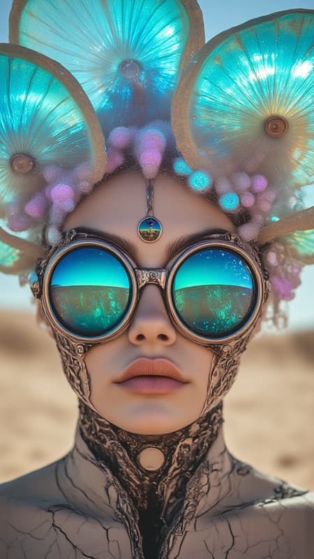 Ethereal cyborg woman, bioluminescent jellyfish headdress. Steampunk goggles blend with translucent tentacles. Cracked porcelain skin meets iridescent scales. Mechanical implants and delicate tendrils intertwine. Human features with otherworldly glow. Dreamy aquatic hues contrast weathered metal. Reflective eyes capture unseen worlds. Soft bioluminescence meets harsh desert backdrop. Fusion of organic and synthetic, ancient and futuristic. Hyper-detailed textures, surreal atmosphere.