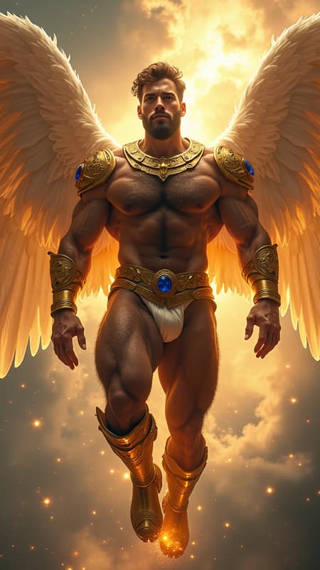 ARCHANGEL, celestial, galaxy protector, universal warrior Angel. Hypermasculine Caucasian male. Tall, muscular, sinewy, broad shoulders, broad chest, wide back, narrow waist, strong muscular legs, thick hairy forearms. Bodybuilder physique. Extremely hirsute hairy chest, abs, arms, thighs, legs {{{hirsute hairy chest and abs}}}. Dark brown hair, short length wavy fade style, cut close on sides with tousled curls on top {{{short hair}}}. Metallic golden circlet headband  around head/brow. Strong brow, squared jaw, thick brows, handsome, masculine, rugged good looks. Clean shaven, beardless face. {{Electric blue eyes}} glowing and bright. Metallic gold pauldrons with sapphire gems on both shoulders, metallic gold bracers with sapphire accents on his hairy arms. Metallic gold harness across his hirsute hairy chest; gold ring in the middle, metallic straps on both sides of shoulders, the other two under each Pectoral. An ornate gold belt with sapphire gems around his waist. Metallic gold jockstrap, full and girthy. Metallic gold boots, up to mid calf. Enormous gold Angel wings, spread open and flying. He shines with a golden aura of light, bright as the sun. Full body pose, flying through space towards Heaven. 