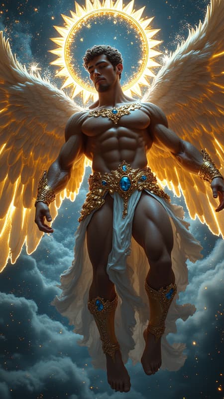 ARCHANGEL, divine celestial guardian of galaxies, ethereal universal warrior. Hypermasculine Caucasian male, heroic proportions, 8 heads tall. Greek god physique: sharply defined musculature, broad trapezius muscles, expansive chest, dramatic V-taper to narrow waist, powerful quadriceps. Classical bodybuilder aesthetic with prominent muscle striations. Dense, masculine body hair pattern across chest, abs, arms, and legs, creating organic textural contrast {{{pronounced hirsute definition}}}. Rich dark brown hair styled in modern wavy fade, precision-cut sides transitioning to volumized curls atop {{{textured short hair}}}. Ornate aureate circlet with celestial engravings adorning noble brow. Chiseled facial features: strong orbital ridge, defined cheekbones, square Germanic jaw, thick expressive brows. Clean-shaven visage radiating masculine beauty. {{Luminous electric blue eyes}} emanating divine light, crystalline intensity. Baroque golden pauldrons inlaid with lustrous deep blue sapphires, matching ornamental bracers with azure gemwork adorning muscular forearms. Intricate golden harness crossing hirsute torso, centered medallion, geometric strap work framing musculature. Ceremonial golden belt with sapphire cabochons. Metallic gold athletic supporter accentuating godly form. Mid-calf golden greaves with detailed filigree. Massive auric wings, 20-foot span, individual feathers catching starlight. Radiating golden aureole, corona-bright nimbus suffusing form. Dynamic ascending pose, soaring through star-studded cosmic void toward celestial realm. Dramatic rim lighting, chiaroscuro modeling, volumetric god rays. Cinematic wide-angle perspective, extreme low angle view. Photorealistic rendering, high detail, octane render, volumetric lighting, subsurface scattering, 8K resolution.