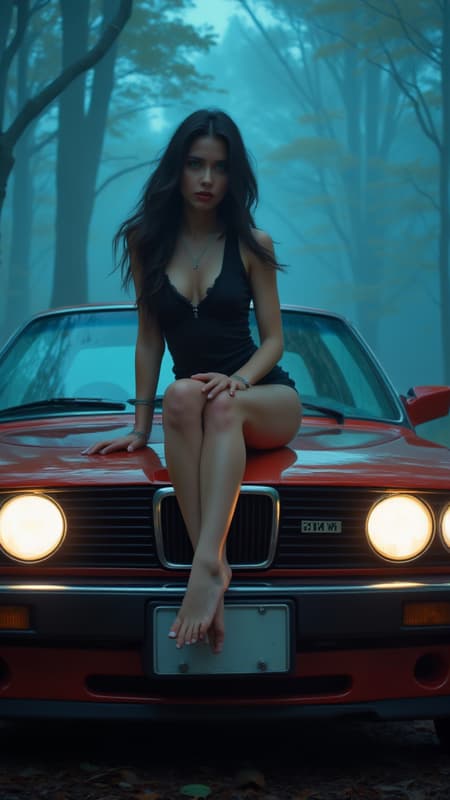 beautiful woman, posing, fashion, sitting on a bmw hood, dark long hair, model, green eyes, barefoot, feet, toe nails, blue light, fog, forest , back woods. amateurish quality, overexposed light