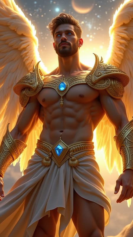 Muscular Archangel With Golden Armor And Wings ARCHANGEL, divine celestial guardian of galaxies, ethereal universal warrior. Hypermasculine Caucasian male, heroic proportions, 8 heads tall. Greek god physique: sharply defined musculature, broad trapezius muscles, expansive chest, dramatic V-taper to narrow waist, powerful quadriceps. Classical bodybuilder aesthetic with prominent muscle striations. Dense, masculine body hair pattern across chest, abs, arms, and legs, creating organic textural contrast {{{pronounced hirsute definition}}}. Rich dark brown hair styled in modern wavy fade, precision-cut sides transitioning to volumized curls atop {{{textured short hair}}}. Ornate aureate circlet with celestial engravings adorning noble brow. Chiseled facial features: strong orbital ridge, defined cheekbones, square Germanic jaw, thick expressive brows. Clean-shaven visage radiating masculine beauty. {{Luminous electric blue eyes}} emanating divine light, crystalline intensity. Baroque golden pauldrons inlaid with lustrous deep blue sapphires, matching ornamental bracers with azure gemwork adorning muscular forearms. Intricate golden harness crossing hirsute torso, centered medallion, geometric strap work framing musculature. Ceremonial golden belt with sapphire cabochons. Metallic gold athletic supporter accentuating godly form. Mid-calf golden greaves with detailed filigree. Massive auric wings, 20-foot span, individual feathers catching starlight. Radiating golden aureole, corona-bright nimbus suffusing form. Dynamic ascending pose, soaring through star-studded cosmic void toward celestial realm. Dramatic rim lighting, chiaroscuro modeling, volumetric god rays. Cinematic wide-angle perspective, extreme low angle view. Photorealistic rendering, high detail, octane render, volumetric lighting, subsurface scattering, 8K resolution.