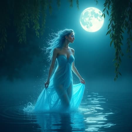 Full shot of a water nymph or spirit, a beautiful woman made entirely of flowing, translucent water, stepping out of a dark lake. Her body is ethereal, with water droplets and splashes forming her hair and clothing. She has glowing blue eyes. The composition is vertical, with the nymph centrally placed. The art style is digital painting with a fantastical, ethereal aesthetic.

The lighting is dramatic moonlight, with a large, bright full moon in the upper right casting a reflective glow on the water. The mood is mystical and serene. The colors are dominated by deep blues, teals, and dark greens, with bright white and light blue highlights from the moon and the water nymph. The atmosphere is magical and otherworldly. Dark willow branches hang from the top left, framing the scene.