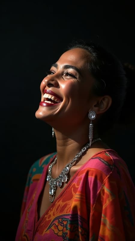 Dark background dramatic light backlight rim lighting Mexican woman 44 laughing side profile standing full body colorful translucent poncho silver jewelry high quality ultra highres raw photo hdr sharp focus intricate texture natural skin details expressive eyes glossy highlighted eyes natural imperfections realistic texture