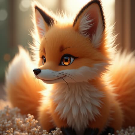 Fluffy nine-tailed fox girl inspired by Wlop and Guweiz, hyper-realistic, professional 8k photography, captured in soft, natural lighting, her expression caught mid-motion as if leaning in for an incoming kiss, ethereal yet tangible, subtle elegance with a playful glint in her eyes, wisps of fur reflecting gentle warm tones, background blurred to accentuate focus, the atmosphere enveloped in a serene and inviting aura.