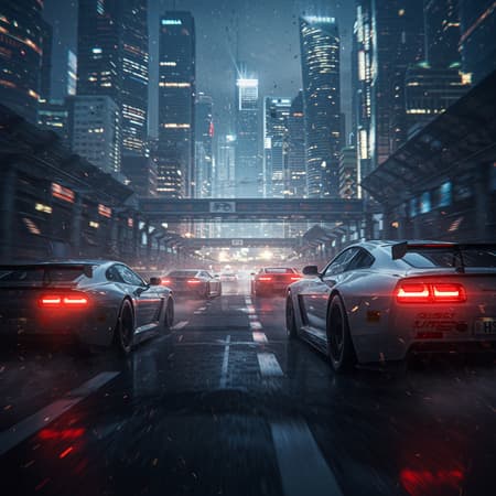 Cinematic 8k wallpaper featuring high-speed racing cars in the midst of an adrenaline-fueled competition, portrayed in an ultra-realistic 4k digital painting. The scene is set against an intricately detailed cityscape, enriched with atmospheric lighting and dramatic lumen reflections. The artwork captures the intensity of motion blur and subsurface scattering, creating a hyperrealistic and immersive experience. Designed as a piece of intense cinematic composition and promotional art, it's tailored for trendsetting platforms like Instagram and Tumblr. Shot with an f/1.8 85mm lens to achieve ultra-detail and depth, the image boasts the highest quality, reminiscent of movie magic. Enhanced with VFX post-production techniques in an 8k resolution, the scene features film grain and boasts the perfection of Unreal Engine 5 render, aided by Redshift and Cinema4D for a hyper-detailed, HDR, and 8k 3D experience.