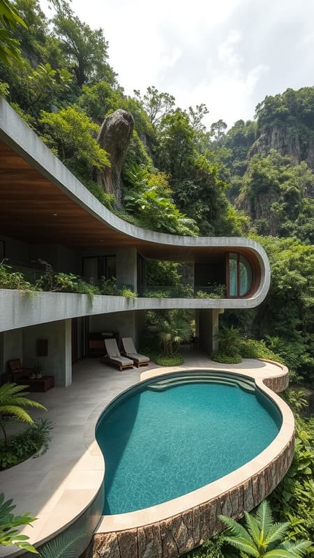 This abode forms part of a collection of jungle residences crafted to integrate effortlessly with their natural surroundings, emulating the organic shapes of the cliffs to achieve harmony with the verdant subtropical landscape. Constructed using raw concrete, stainless steel, and rich timber, the materials enhance the greenery while forging a tactile link to the environment. Rounded elements, like the recessed conversation nook and the oval pool, mirror the mountain's curves, while expansive, flowing apertures welcome nature into the interior spaces. The design prioritizes openness and fluidity, immersing occupants in the jungle's untamed beauty while offering an atmosphere of elegance and tranquility.