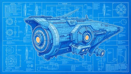 Blueprint Sketches Futuristic Art Blueprint sketches of a vast futuristic sci-fi spacecraft with intricate warp engines, detailed formulas and annotations meticulously noted, featuring sectional schematics embracing the elegance of the golden ratio, enriched with fictional details and design intrigue. The piece is inspired by the trending artistic styles of the Pixiv Fanbox community, utilizing a vibrant acrylic palette knife technique. It reflects the atmospheric essence of Makoto Shinkai's landscapes, the whimsical imagination of Studio Ghibli, and the enchanting fantasy elements of Genshin Impact. Influences of James Gilleard's retro-futuristic aesthetic, Greg Rutkowski's dramatic lighting, and Chiho Aoshima's surreal vistas infuse the work, culminating in a unique visual narrative that captivates and inspires.