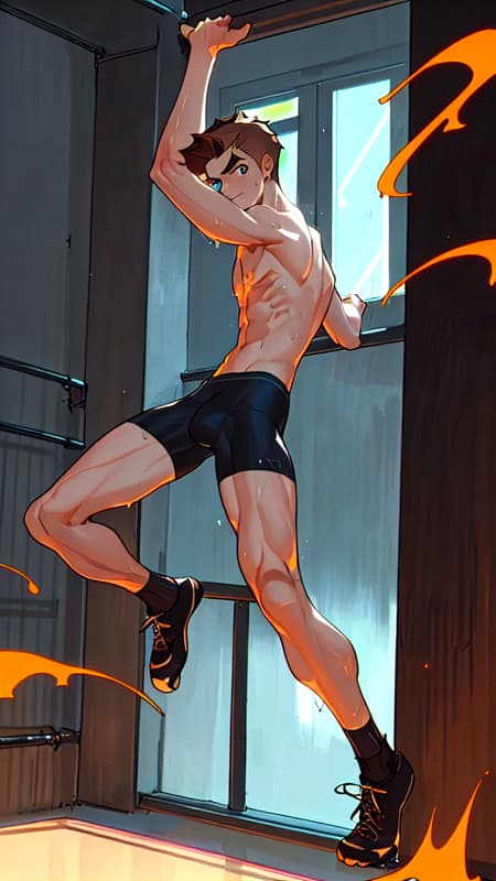 I had a dream... 
There's this really hot guy that likes to go jogging at night. He's young and masculine, and usually wears a pair of very short running shorts, black mesh and translucent with a 3 inch inseam. He's very fit and he always goes shirtless. When he gets back from his run, he goes to the fire escape by his apartment and just stands out there, the neon signs in the city reflecting off his sweaty body, the air cooling him off. A couple times he caught me looking at him-- he says nothing, but smiles back and stretches so that I can see more of him: the Sweat running down his face and chest, the dampness of his armpits, the strength of his long sinewy legs, the bulge in his groin, his bright blue eyes looking back at me. I know that one night soon I'm going to join him on that fire escape and examine him more closely... 
{{{ Caucasian masculine male, light brown hair wavy fade hairstyle, short on sides and back, longer on top. Black bandana tied around his forehead, strong brow and jaw, sparkly blue eyes. Muscular sinewy body, wide back, broad chest, wide shoulders, narrow waist, runners build, strong powerful legs. Sheer black mesh running shorts, very brief. Black running shoes, short white socks. Sweaty body, neon lights reflecting off his skin. Slightly hairy legs and arms, a little hair on his chest. Full body pose, stretching and flexing on fire escape.}}}  {{{MASTERPIECE}}} 
      