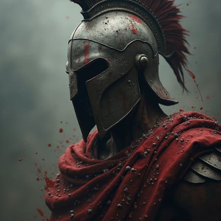 digital painting of a spartan warrior, no face visible, set against a moody and gloomy backdrop, exuding a brutal yet majestic aura, dramatic expressionism style, conveying deep emotions, unforgettable close-up, rendered in high quality, featuring splatter and drip painting technique, unintended low-quality elements, presence of jpeg artifacts, intentionally distorted with elements like mutation, deformed features, exaggerated anatomy, extra or missing limbs, malformed structure, hints of artistic imperfections such as elongated necks, malformed limbs, and distorted body proportions, intrusive elements like names, signatures, or watermarks subtly included.