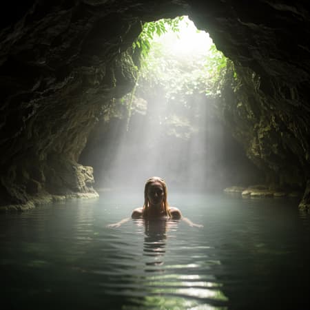 In the heart of a secluded cave, a mystical hot spring emits tendrils of steam into the cool, dim air. A woman with long, damp blonde hair glides gracefully through the water, her gaze fixed intently on the observer. Sunlight filters softly through a narrow opening above, casting shimmering patterns on the rippling surface and shrouding her figure in an enigmatic silhouette.