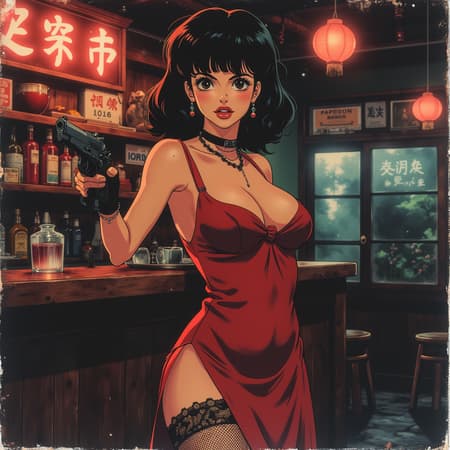 lifelike anime illustration, a sultry, sexy goth woman in a sexy red dress, cleavage, side slit to above the waist, pelvic curtain, black lace stockings, earrings, necklaces, choker, black straight-cut bob, bangs, dark eyeshadow, red lips, medium breasts, direct sensual gaze, 1940s noir-era Chinatown bar, neon signs, pointing a pistol at the viewer, viewed from the side, night, dark, directional lighting, bokeh, illuminated on one side, dutch angle