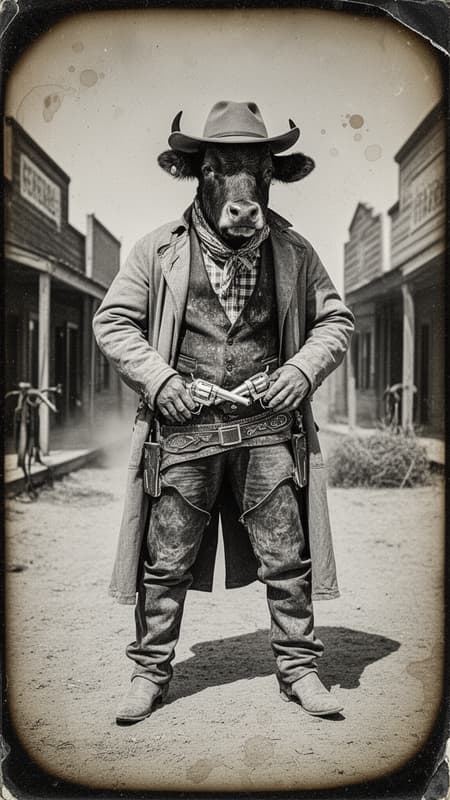 A vintage, weathered, and grainy black-and-white daguerreotype from the late 1800s, capturing a tense standoff in the heart of a dusty Midwestern frontier town. The photograph is physically aged, featuring silver mirroring in the shadows, a heavy layer of film grain, and distinct sepia-toned oxidation around the edges. The paper is slightly brittle, showing small tears at the corners and faint, translucent water stains and coffee-ring blemishes that mar the surface, giving it the appearance of a long-lost historical artifact.

In the center of the frame, standing on a desolate dirt road flanked by wooden saloons and a general store, is a formidable, bipedal anthropomorphic cow in full cowboy attire. The cow is fully dressed, with rugged hide partially visible beneath a heavy, sweat-stained leather vest and a weathered long-sleeved plaid shirt. Over this, a thick canvas duster coat, showing signs of wear and dust, hangs loose. A wide, worn leather gun belt with ornate stitching holds two polished revolvers, their pearl grips prominent, slung low across its wide hips. Thick leather chaps protect its legs, and scarred, scuffed cowboy boots are planted firmly in the dust. The cow's head, with a formidable expression and short, curved horns, is capped by a broad-brimmed Stetson hat tilted forward. Bandanas are knotted around its neck. Its powerful hooves, adapted into rugged, three-fingered hands, hover inches away from the revolver grips, captured in the split second before the draw.

The background is intentionally soft and hazy, showing the wooden slats of the boardwalks and a hitching post, while tumbleweeds and a light haze of dust hang in the air. The lighting is harsh, mimicking high-noon desert sun, casting deep, dramatic shadows beneath the cow's hat and across the furrowed texture of its hide and clothing. The overall aesthetic is one of gritty realism, blending the character with the somber, haunting atmosphere of a genuine Wild West historical photograph.