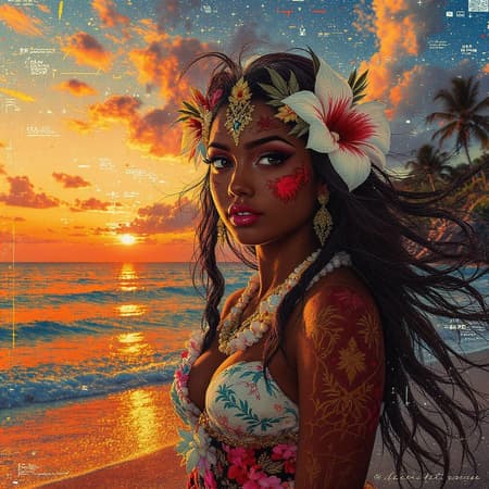 A stunning portrait captures a Hawaiian girl at the beach during dawn. She's adorned in a traditional outfit, standing centered in the composition. The artwork is intricate, with highly detailed, breathtaking beauty. The precise line art reflects vibrant colors and a comprehensive cinematic style reminiscent of the works of Laurie Greasley and James Jean. Despite being rendered in 8k HDR, the image retains a subtle tiki low-res charm. While imperfections and enigmatic elements like text errors or missing fingers add intrigue, the portrayal steers clear of overt disfiguration. A playful embrace of artistic quirks shines through, blending elements like cropped framing and jpeg artifacts. With a signature touch, it skirts the divide between perfect anatomy and creative abstraction, producing an unconventional yet captivating scene.