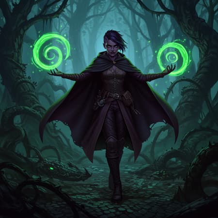 A dark witch stands in an adventurer's costume, her imposing big cloak draped majestically around her. She navigates a fantastical forest landscape, the ground dusted with dragon scales. Wielding fantasy magic, her short purple-black hair is trimmed in a stylish fade. The setting is bathed in the mysterious ambiance of a dark night, and she moves with intricate elegance. In the foreground, detailed vines and foliage add depth to the illustration, accentuated by hypnotic, swirling green neon smoke. This digital painting captures the essence of a world where beauty meets the uncanny, reminiscent of masterpieces by VLOP, Artgerm, Greg Rutkowski, and Alphonse Mucha. The artwork, with its clear focus and matte finish, elevates fantasy concept art to new heights.