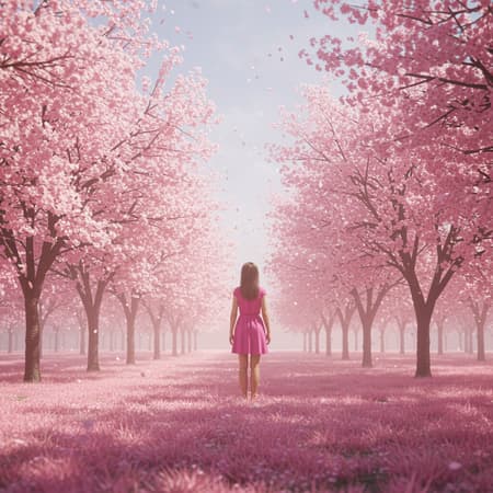 A serene landscape of cherry blossoms with delicate pink flowers gently swaying in the breeze, creating an ethereal atmosphere of tranquility and beauty. The scene exudes peace, juxtaposed against the vivid vibrancy of a woman standing in the foreground. CGI-rendered with low-resolution textures, some JPEG artifacts, and imperfections such as slightly odd proportions, blurred edges, or unnatural features, the image maintains a dream-like quality despite its digital flaws. The woman's presence enhances the contrast, appearing almost like a doll, with subtle, creative alterations that make her ethereal and unique yet imperfect, like an abstract interpretation of beauty within this peaceful setting.