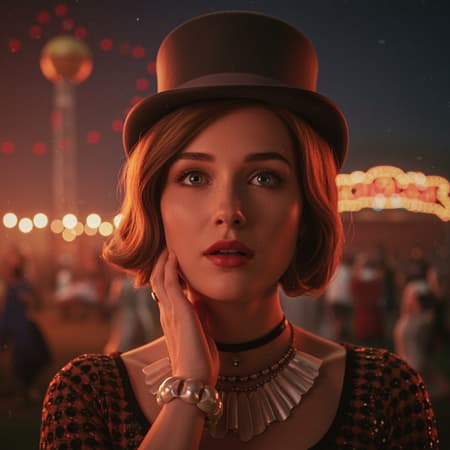 Retro-futuristic portrait of a woman at the global circus, hyperrealistic, octane render style with realistic CGI effects, cinematic photography vibes, nostalgic color palette, ProPhoto RGB profile, surrealist touch, vintage photo aesthetic, captured on 35mm, her expression a blend of wonder and intrigue amidst the fantastical surroundings.
