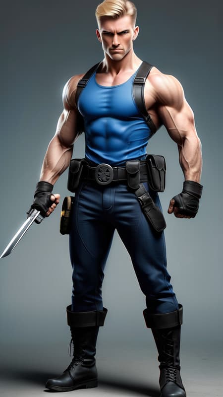 Super-hero, goverment agent, martial artist, works with a super-hero team. Masculine Caucasian male, tall, muscular, lithe but sinewy and strong. Wide shouldered, broad back and chest, slim waist, strong legs. Golden blonde hair, short cut fade with side part, cut close on sides and back, slightly longer on top, conservative hairstyle. Cornflower-blue eyes, strong brow and chisleled jaw.  Clean-shaven smooth hairless face. Masculine, handsome, rugged. Outfit consist of a sleeveless vest with sharp shoulders, cerulean-blue and buttonless fold over style. The back and front of the vest tapers to a pont that falls beneath his waist, a black utility/tactical belt around his waist. Black leather bracers on his strong bare arms. There are two black straps/suspenders attached to the belt; the right side holds a vertical row of shurikens/throwing stars, the left side has a black tanto knife attached to it. On the right side of the belt is his gun holster that carries his. 45 Magnum gun. Form-fitting non-reflective black tights/pants with dark grey knee pads. He wears a pair of cerulean-blue knee-high folded down bucket boots. He keeps a sai weapon in each one. He has fast reflexes and high dexterity. He is trained to use any and all kinds of weapons. When he's not using weapons, he relies on his fighting skills and strength, being a highly trained martial artist with skills learned all over the world. Full body pose, martial arts stance or firing his gun. 