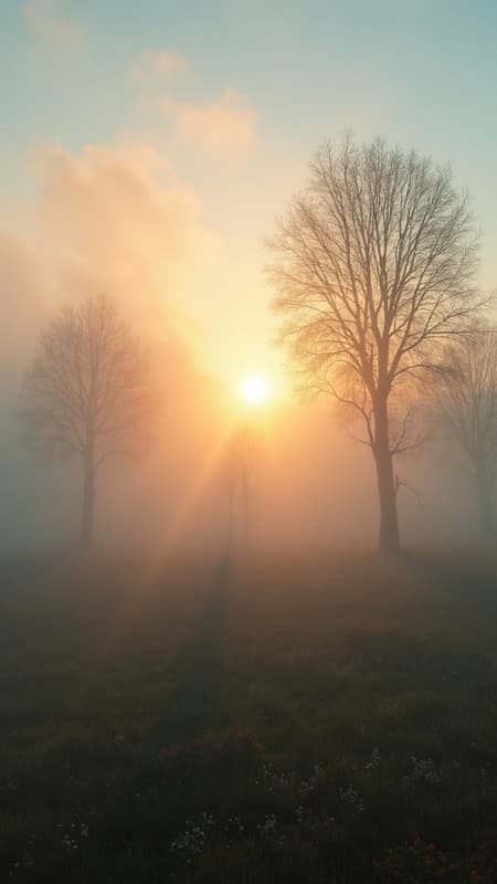 Create a surreal picture of the morning fog rolling in as the sun rises in the countryside. No humans. Semi Abstract, ultrarealisticm show all four sesons in one picture divided into 4 equal parts, WINter, Spring, summer, fall is the order