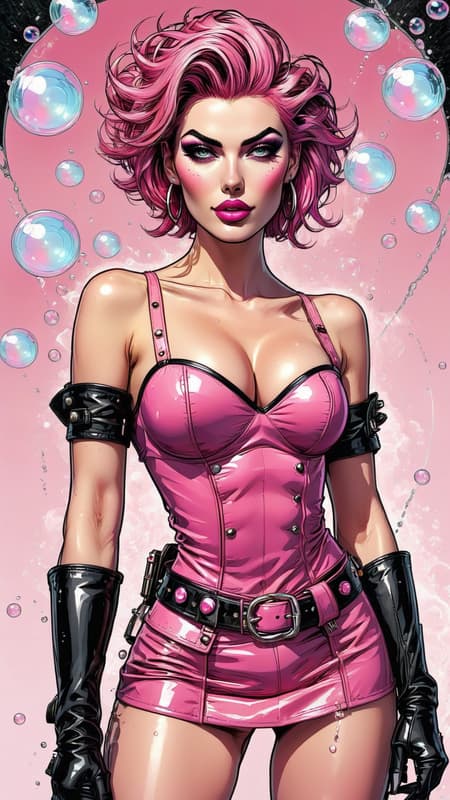 The fine line between Punk and Posh. Supervillain, Punk Rocker, rich girl. She has the ability to pull water vapor from the air to create bursts of fizzy pink bubbles that have the power to intoxicate people. She can also blast people with fizzy pressure.  Caucasian female, feminine woman. Tall, strong, slim, athletic model. Punk edge. Pale skin, soft make-up in shades of pink. Beautiful face. Short hair, spiky style swept up, Bangs falling over to one side. Her hair is a soft strawberry pink, her eyes are magenta colored, and very seductive. Shocking pink minidress with cut-out designs. A pink leather belt with silver studs around her waist. Soft pink stockings on her shapely legs, and shocking pink knee-high boots with high heels. Full body pose. She is known as Pink Champagne, because she has the ability to produce fizzy pink bubbles from thin air. They are intoxicating. 