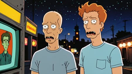 cinematic film still, bevis and butthead, colored lights, amazing quality, wallpaper, analog film grain, Mike judge cartoon style, 90s vibe,<lora:aesthetic_anime_v1s:0.5>  <lora:add-detail-xl:1.1>