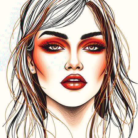 A captivating portrait of a woman's face, showcasing red eyeshadow with bold, colorful lines. The artwork features dark beige and orange tones, crafted with flawless wire-like line work. The style is raw and edgy, merging dynamic line art with a vibrant color palette that brings depth and character to the composition.