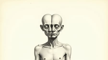 A peculiar illustration of a two-headed figure, rendered in black and white, on paper from the 1890s, showcasing an unusual and irregular physique with cropped features, complete with an artist's signature and a faint watermark.