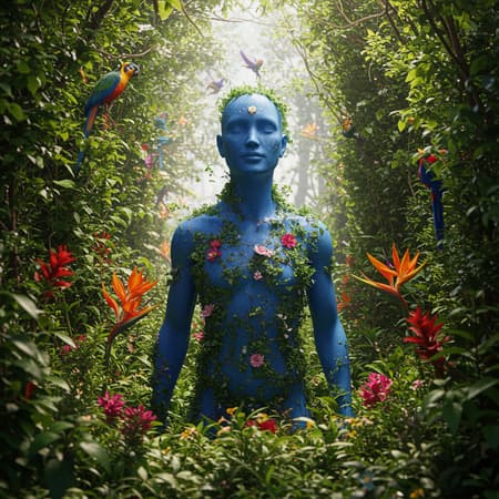 Fashion photography portrait of a serene blue humanoid figure, set within a dense, verdant jungle teeming with vibrant flowers and exotic birds, featuring a 3D-rendered, CGI style, symmetrical composition, captured in ultra-high-definition with an Octane render. Employing a 50mm lens for a slightly wider perspective, the background dissolves into a stunning bokeh effect, framed in a 9:16 aspect ratio. Soft, ethereal light filters through the canopy, casting intricate patterns over the subject, adding a touch of mystique and highlighting the lush textures of the surroundings.