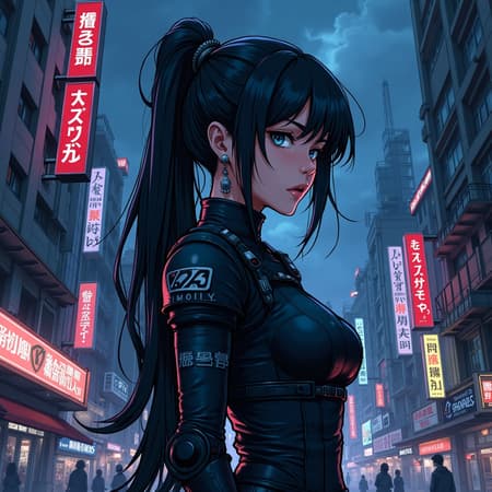 Powerful female officer, dystopian Japanese cityscape, dark and stormy sky, manga style, highly detailed, intricate line art, cell shading, comic and graphic novel aesthetics, vibrant digital painting, dynamic color illustration, inspired by Masamune Shirow, character design akin to Hajime Shimomura, futuristic armor, neon city lights, towering skyscrapers, ethereal atmosphere, intense expression, action-packed scene, merging tradition with technology, symbolic cherry blossoms amidst urban decay.