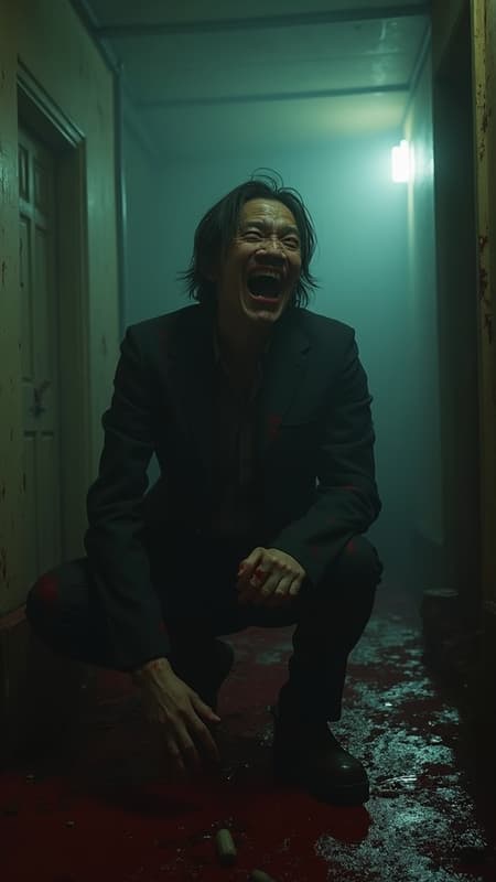 Horror-inspired scene with eerie ambiance, featuring a blood-splattered setting reminiscent of Donnie Darko's unsettling vibe, an echoing evil laugh, character in a dynamic and tense pose, deeply immersive background, captured in ultra high-resolution 8k, raw photo style with hyperrealistic photography, delivering chilling atmosphere and dark intrigue.