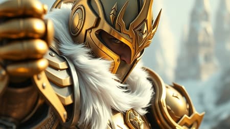 A noble knight of the highest order, dynamically poised in the midst of a grand battle, depicted in the ultra-realistic rendering style of Unreal Engine. Their armor gleams with an opulent dark gold intertwined with pristine white, exuding a regal aura. The close-up shot showcases the intense focus in the knight's eyes, while metallic finishes catch glints of ethereal light. The scene is set in a mesmerizing aurorapunk world, where cinematic vistas provide a breathtaking backdrop. Drawing inspiration from the furaffinity aesthetic, the environment melds organic elements with advanced technology, enhancing the knight's bold presence. The aspect ratio of 71:63 adds a unique visual flair to the composition.