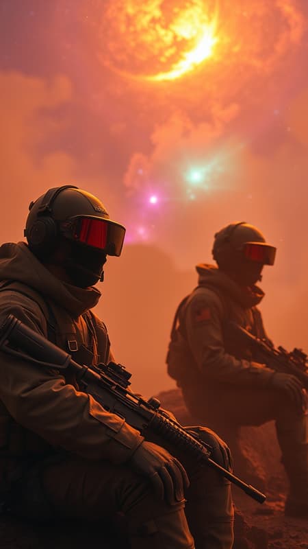 In a world where soldiers are trained in virtual reality simulated environments for maximum experience and efficiency, everything changes when a virus is planted in the software, trapping them inside the simulations. The threats, once virtual, become terrifyingly real, striking fear as safety evaporates. Amidst this chaos, a cursed prince transforms into a beast, a Nikon D3500 DSLR Camera capturing each mystifying moment. They sit under a mesmerizing nebula, their visages obscured by masks reminiscent of Robert Capa's iconic style. Set against the stark backdrop of the Future Circular Collider, thermal vision reveals multiple-colored backgrounds that shift like a beautiful island lagoon, blending fairy tale fantasy with hyper-realistic science fiction aesthetics inspired by Alfred Stieglitz. Cinematic effects abound, with varied lens types and lighting sources playing off each other in a dance of color and contrast. Characters navigate this multi-layered realm, their movements echoing the hyperrealism of Hasselblad X1D - 50c photography, infused with cinematic blur effects and long exposures. The 8K Ultra-HD worlds bask in natural and moody lighting, each scene a vibrant, detailed masterpiece filled with shiny hair, overcast skies, and epic atmospheres. Echoes of 'pursuit' by Gesaffelstein underscore the drama, where natural textures and cinematic lighting craft the highest quality photorealism, shot in RAW and brought into sharp relief under soft daytime lighting. This is a battleground where the digital meets the fantastical, producing a kaleidoscope of ultra-detail and ray-traced wonder.