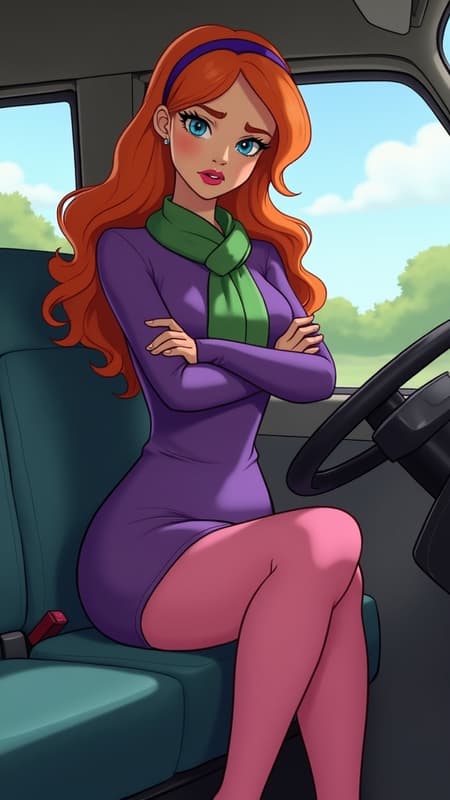 realistic, Daphne Blake, a beautiful young woman, adult, orange hair, purple hairband, green scarf, purple dress, long sleeves, minidress, pink pantyhose, purple heels, looking at viewer, crossed legs, annoyed, crossed arms, sitting inside a van, from side,