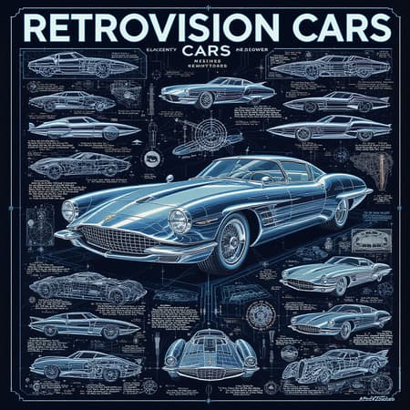 RetroVision Cars, intricately detailed infographic showcasing retrofuturism vehicles featured in classic mechanics magazines | vintage aesthetic | highly detailed digital art | concept painting | poster design | award-winning quality | maximum detail | HDR clarity | scientific schematics | technical illustration | concept rendering | architectural blueprints | patent model diagrams | symmetrical design reminiscent of battleships | futuristic yet nostalgic vehicles with a focus on innovative design elements and engineering marvels | a celebration of mid-century technological optimism.