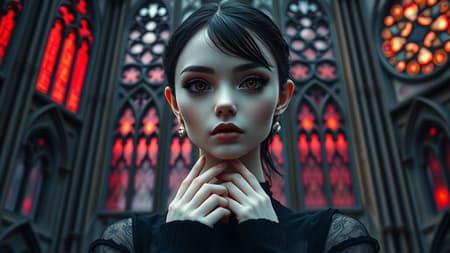 Gothic girl with striking features, dressed in elegant black attire, posing in front of a majestic gothic cathedral. Her perfect face is captured in a macro head shot, with the cathedral's windows reflecting a mesmerizing red flame light. Delicate mandala-like intricate ornaments surround her, set in stunning 8k, UHD, HDR quality. This is modeled by Dark Sushi, presented in a captivating 2.5D style. Her elongated neck and hands add an ethereal quality, with subtly elongated fingers. The atmosphere is crisp and clear, free from any low-res elements, ensuring the architectural grandeur and the girl's enchanting presence remain the focus. There's an uncanny, almost mirrored reflection in her eyes, enhancing the gothic allure without any out-of-frame distractions. The final image is sharp, devoid of any artifacts, logos, or superimposed text, perfectly framed, and reminiscent of a high-definition dreamlike portrait.