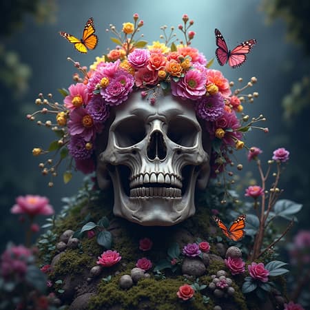 A hyperrealistic digital painting of a skull adorned with vibrant flowers and butterflies, surrounded by lush vines, moss, and additional blooms in the background. The composition is influenced by the style of Chris LaBrooy, featuring psychedelia and vivid colors with a sense of humor. Rendered with cinematic flair, the image is atmospheric, detailed, and sharp-focused, offering a masterpiece-quality visual experience. This is completed with intricate textures and glow effects, resembling a professional oil painting reminiscent of works by Ed Blinkey, Atey Ghailan, Jeremy Mann, Greg Manchess, and Antonio Moro. The scene is brought to life using octane render in software like Cinema 4D and Blender, trending on platforms like ArtStation and CGSociety.