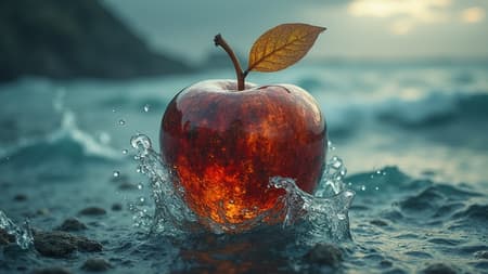 A stunning double exposure image blending a stormy sea with a glossy glass apple, where the sea forms the underlying backdrop, its details subtly woven into the gleaming surface of the apple. The composition features an intricate design with earthy colors, embodying a sense of decadence and lifeless beauty. Captured in sharp focus, it exhibits hyper-realistic, high-definition details, utilizing raytracing and cinematic HDR techniques. The image has a dark softbox ambiance, enhancing the photorealistic quality and presenting an intricate and exquisite visual narrative.