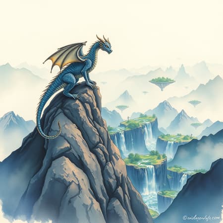 A regal Dragon rests atop a rugged mountain peak, gazing upon an enchanting valley adorned with drifting islands and cascading waterfalls. The landscape is bathed in the ethereal glow of bioluminescent flora, casting an aura of timeless mystery and awe. Created in delicate watercolors on textured paper, this scene captures an otherworldly realm where nature and magic intertwine.